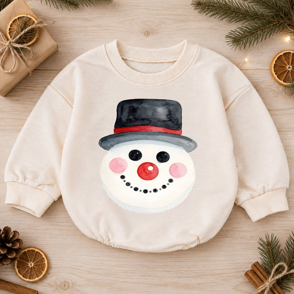 Watercolor Snowman Baby Romper, Cute Snowman Christmas Romper, Toddler Winter Holiday Outfit, Baby Christmas Gift — product view 1