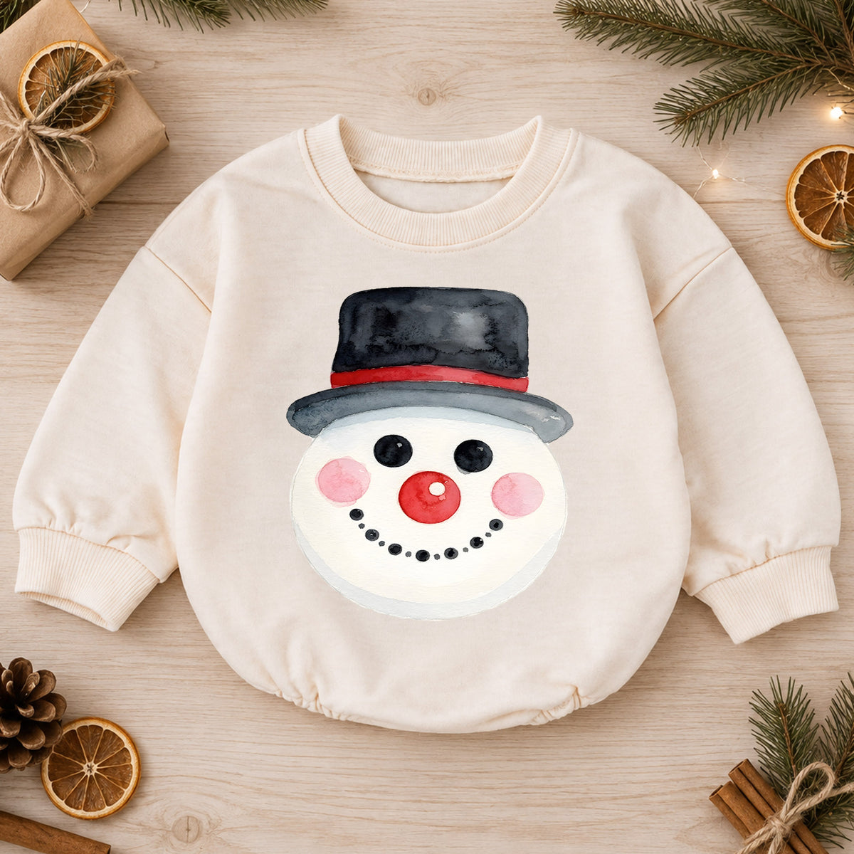 Watercolor Snowman Baby Romper, Cute Snowman Christmas Romper, Toddler Winter Holiday Outfit, Baby Christmas Gift — product view 1