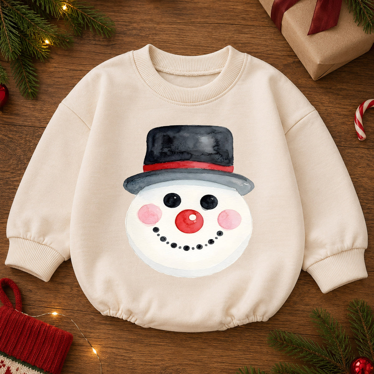 Watercolor Snowman Baby Romper, Cute Snowman Christmas Romper, Toddler Winter Holiday Outfit, Baby Christmas Gift — product view 2
