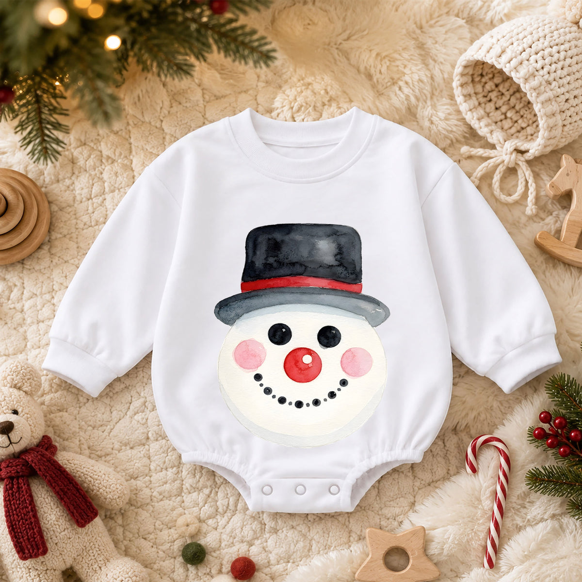 Watercolor Snowman Baby Romper, Cute Snowman Christmas Romper, Toddler Winter Holiday Outfit, Baby Christmas Gift — product view 3
