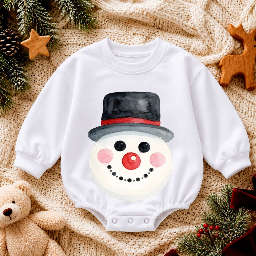 Watercolor Snowman Baby Romper, Cute Snowman Christmas Romper, Toddler Winter Holiday Outfit, Baby Christmas Gift — product view 4