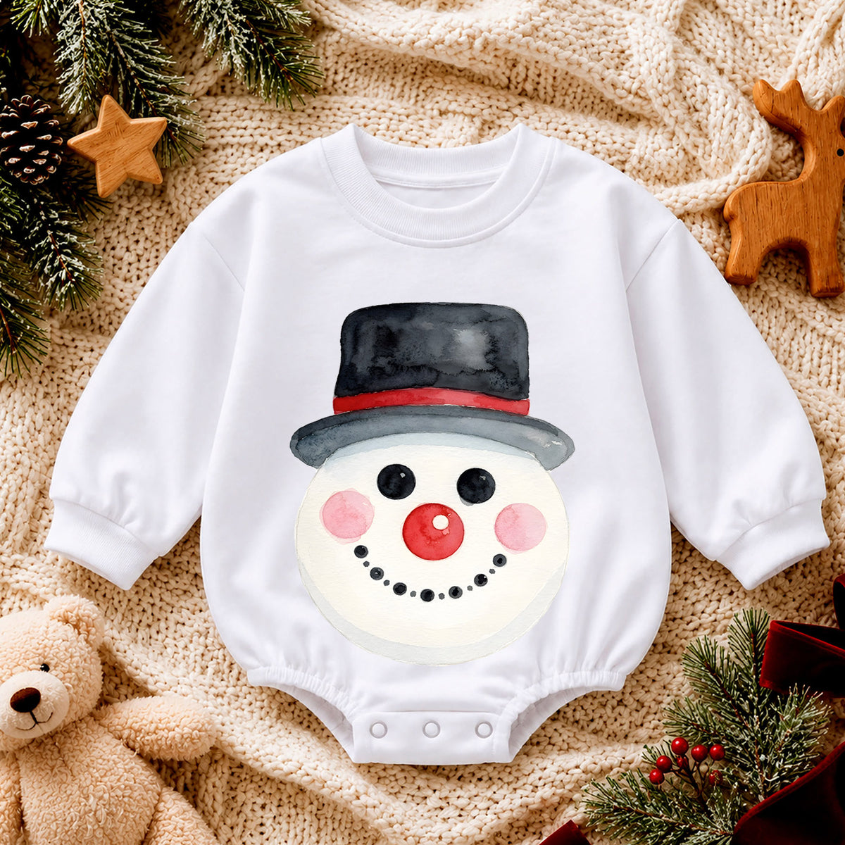 Watercolor Snowman Baby Romper, Cute Snowman Christmas Romper, Toddler Winter Holiday Outfit, Baby Christmas Gift — product view 4