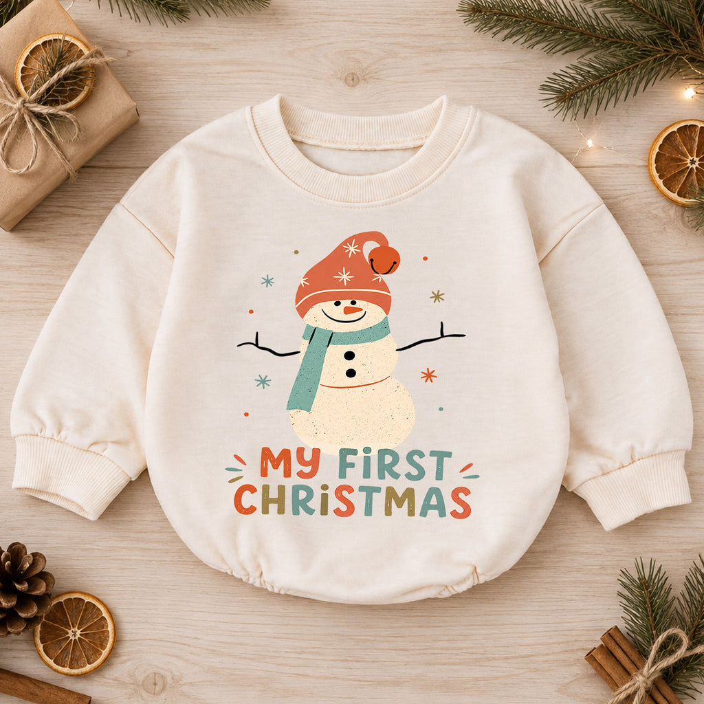 My First Christmas Snowman Baby Romper, Retro Snowman Holiday Romper, Baby First Christmas Outfit, Toddler Xmas Gift — product view 1