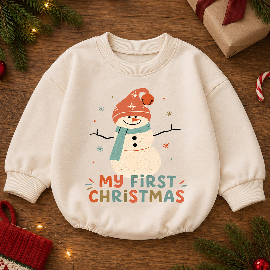 My First Christmas Snowman Baby Romper, Retro Snowman Holiday Romper, Baby First Christmas Outfit, Toddler Xmas Gift — product view 2