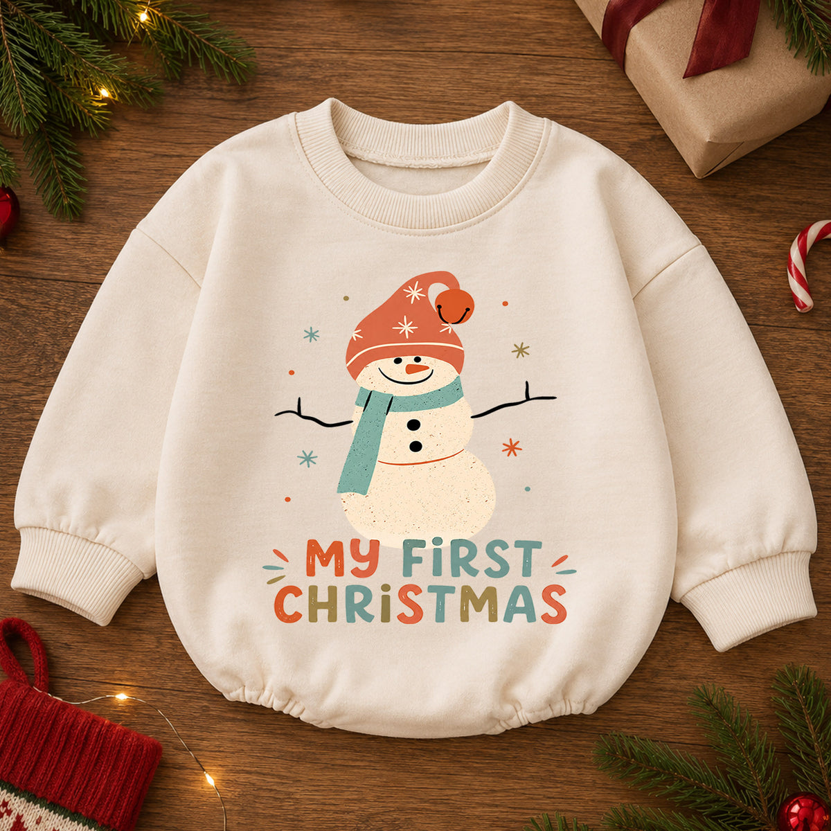 My First Christmas Snowman Baby Romper, Retro Snowman Holiday Romper, Baby First Christmas Outfit, Toddler Xmas Gift — product view 2