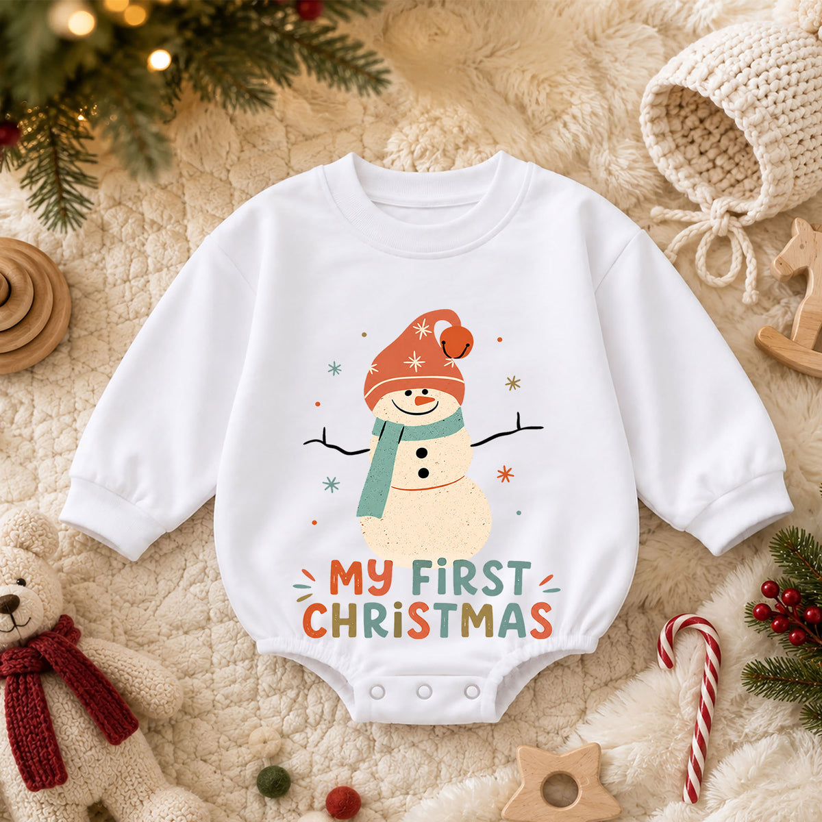 My First Christmas Snowman Baby Romper, Retro Snowman Holiday Romper, Baby First Christmas Outfit, Toddler Xmas Gift — product view 3