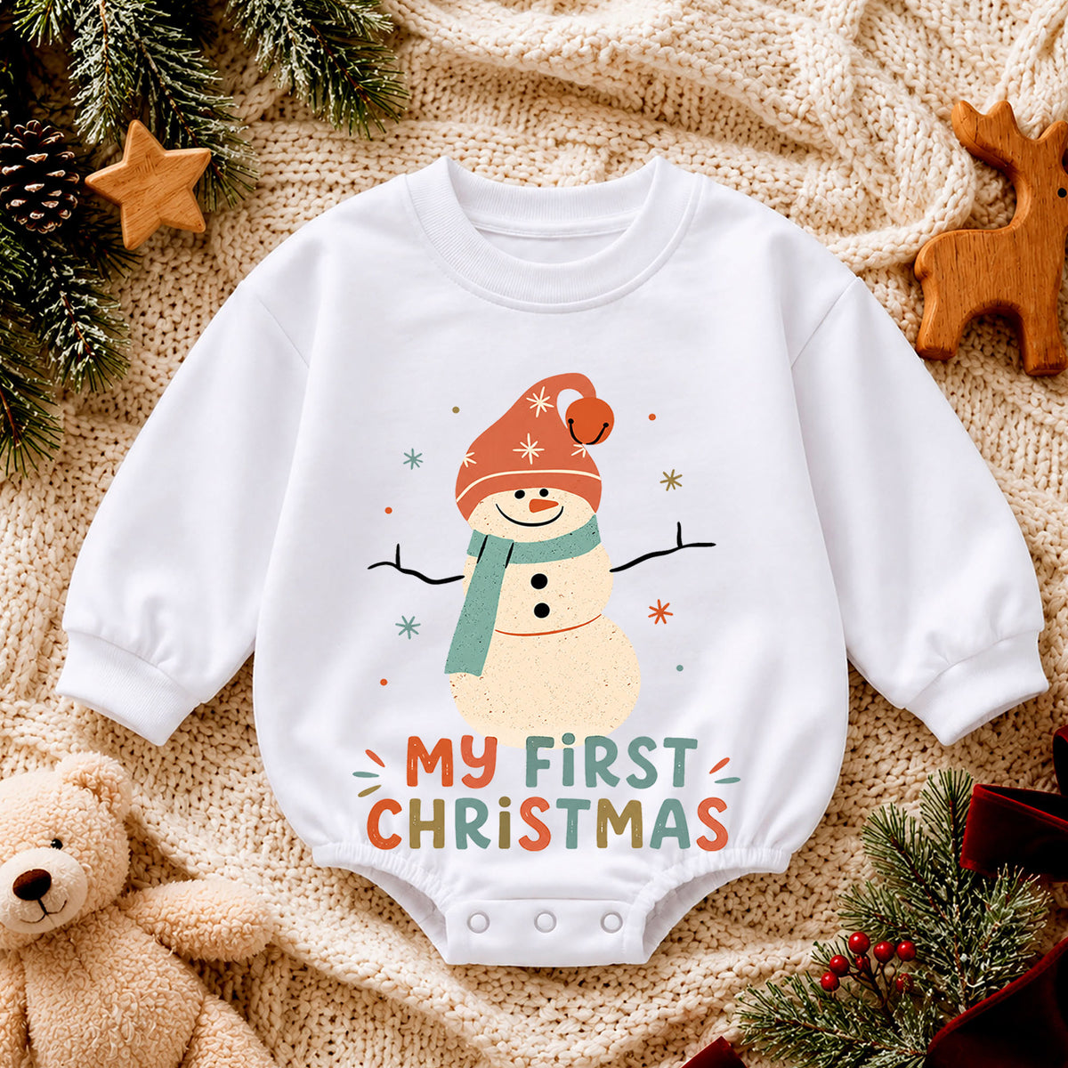 My First Christmas Snowman Baby Romper, Retro Snowman Holiday Romper, Baby First Christmas Outfit, Toddler Xmas Gift — product view 4