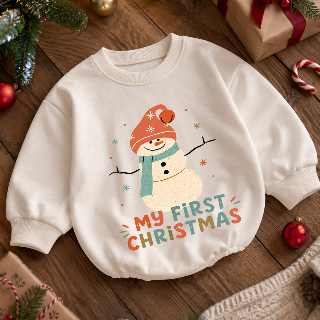 My First Christmas Snowman Baby Romper, Retro Snowman Holiday Romper, Baby First Christmas Outfit, Toddler Xmas Gift — product view 5
