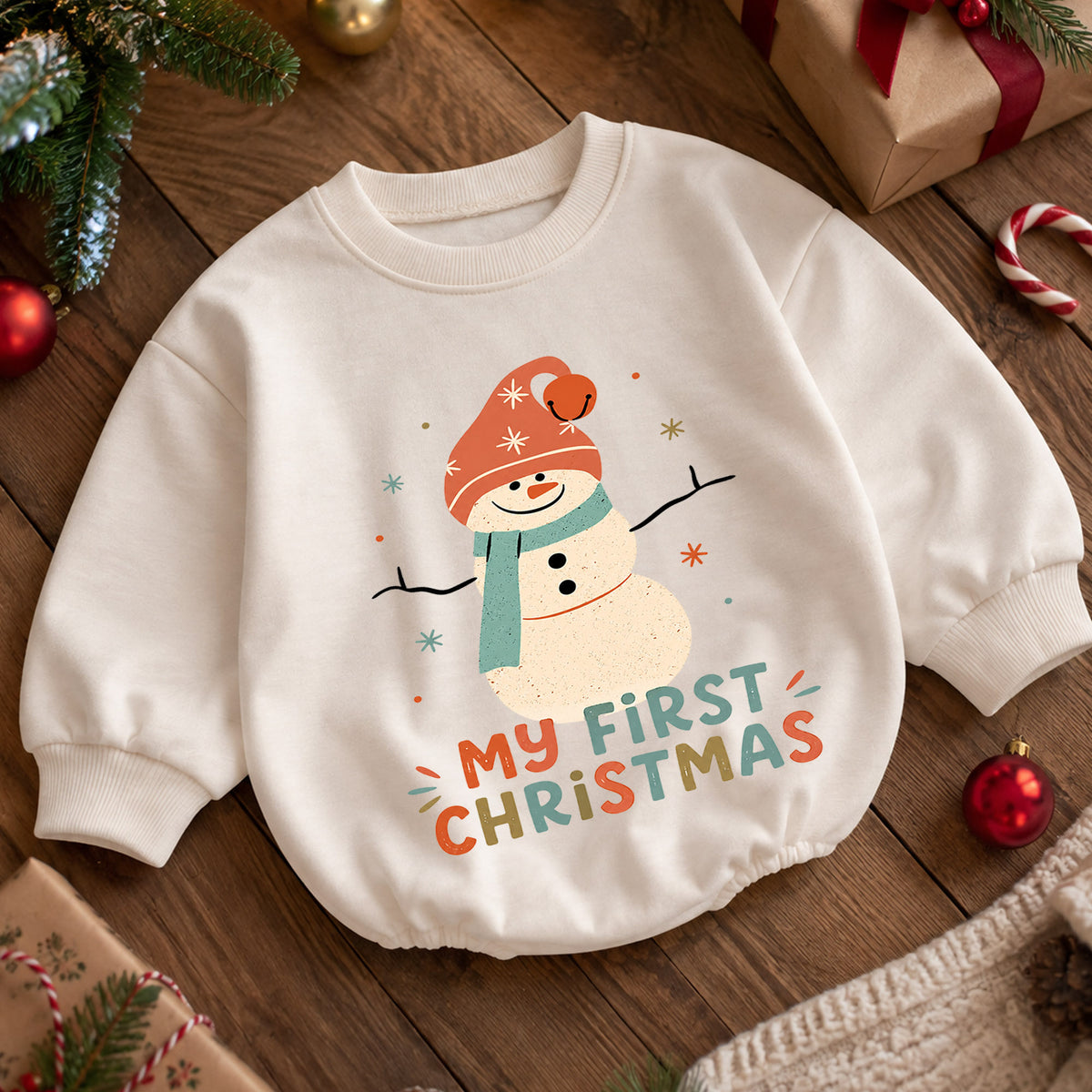 My First Christmas Snowman Baby Romper, Retro Snowman Holiday Romper, Baby First Christmas Outfit, Toddler Xmas Gift — product view 5