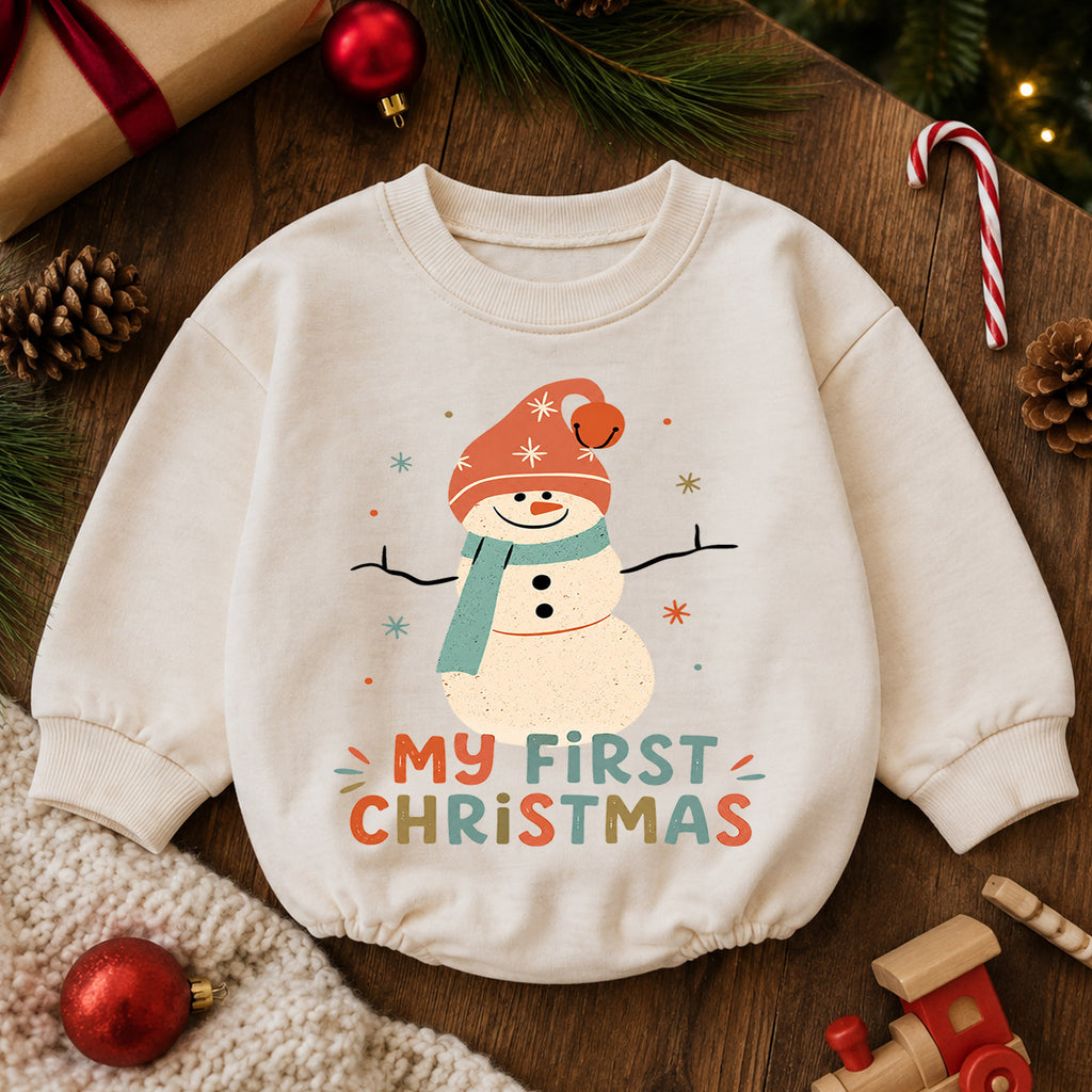 My First Christmas Snowman Baby Romper, Retro Snowman Holiday Romper, Baby First Christmas Outfit, Toddler Xmas Gift — product view 6