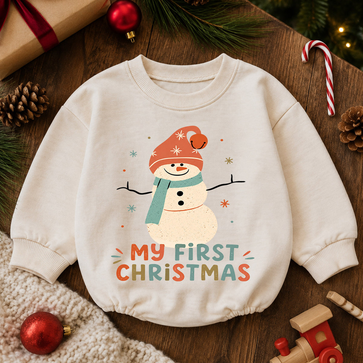 My First Christmas Snowman Baby Romper, Retro Snowman Holiday Romper, Baby First Christmas Outfit, Toddler Xmas Gift — product view 6