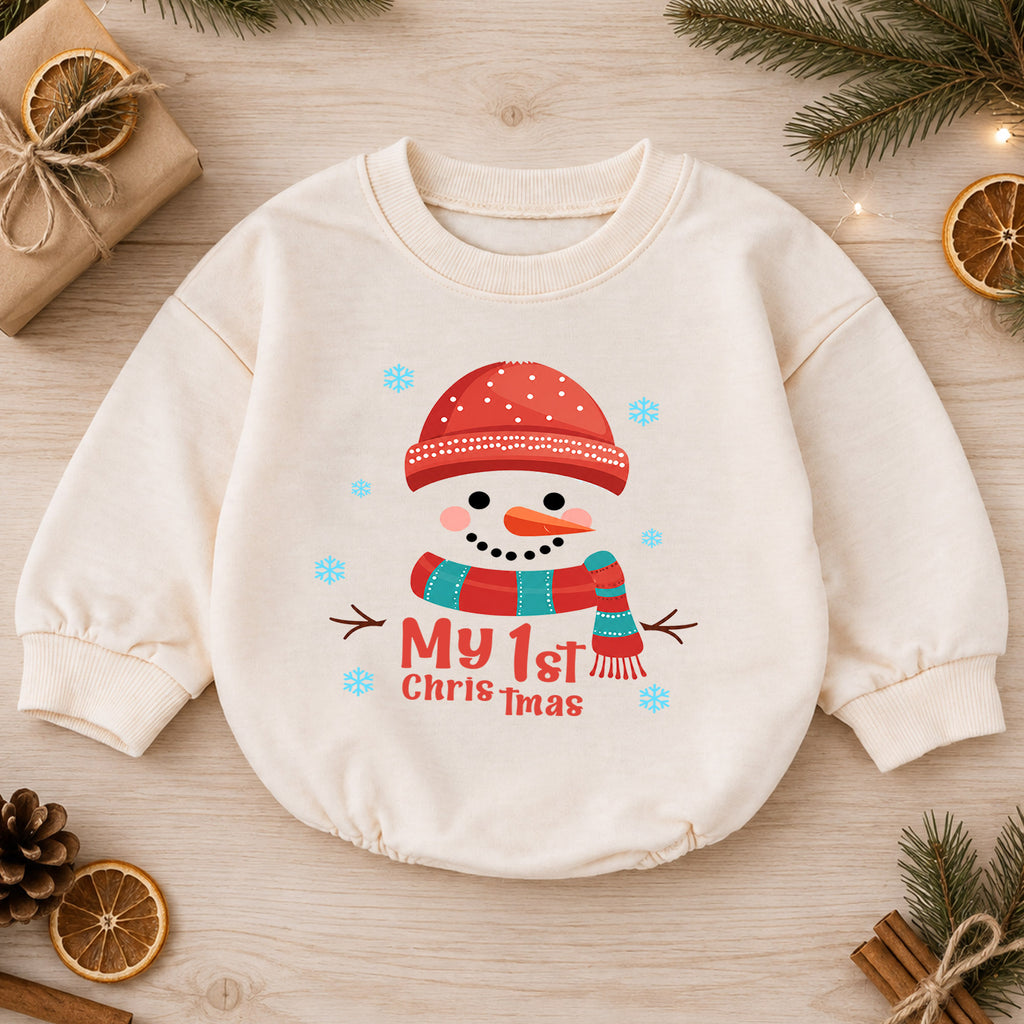 My 1st Christmas Snowman Baby Romper, Cute First Christmas Outfit, Snowman Holiday Romper, Baby Xmas Keepsake Gift — product view 1