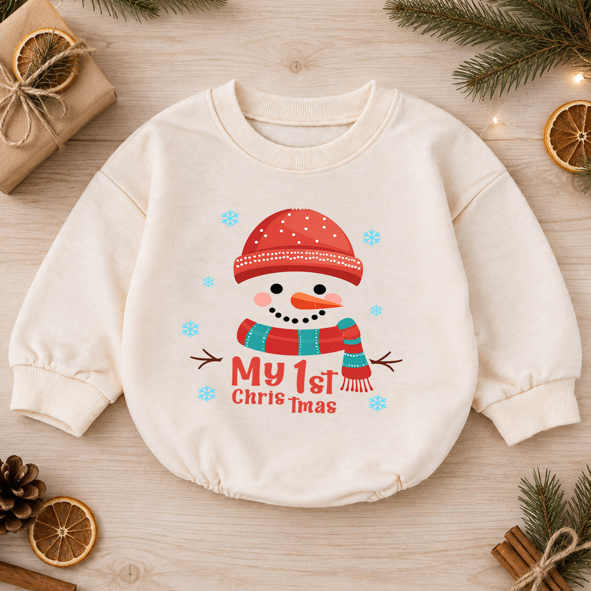 My 1st Christmas Snowman Baby Romper, Cute First Christmas Outfit, Snowman Holiday Romper, Baby Xmas Keepsake Gift — product view 1