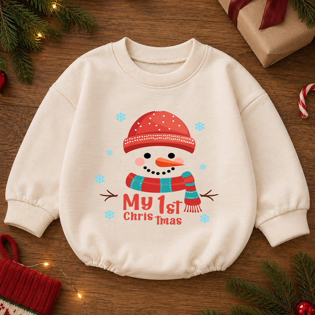 My 1st Christmas Snowman Baby Romper, Cute First Christmas Outfit, Snowman Holiday Romper, Baby Xmas Keepsake Gift — product view 2