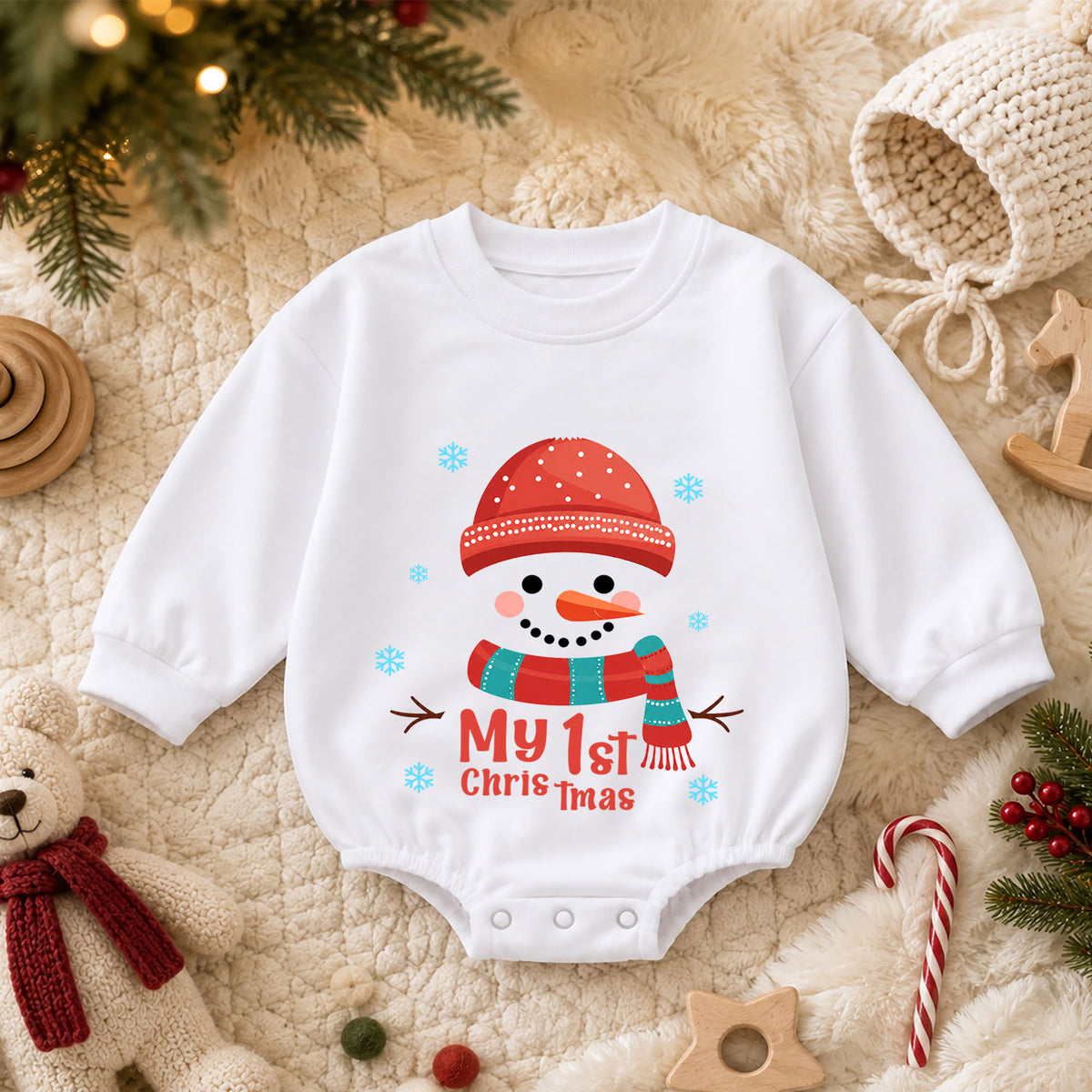 My 1st Christmas Snowman Baby Romper, Cute First Christmas Outfit, Snowman Holiday Romper, Baby Xmas Keepsake Gift — product view 3