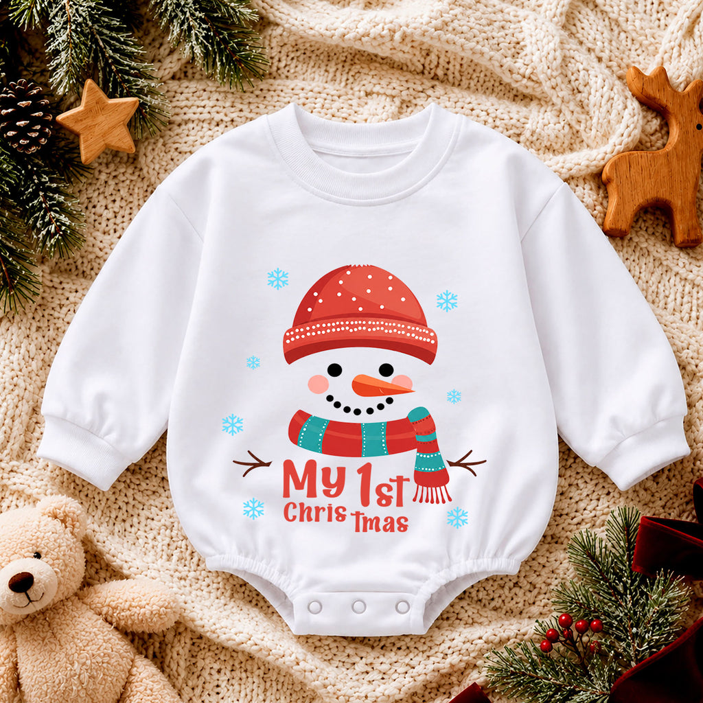 My 1st Christmas Snowman Baby Romper, Cute First Christmas Outfit, Snowman Holiday Romper, Baby Xmas Keepsake Gift — product view 4