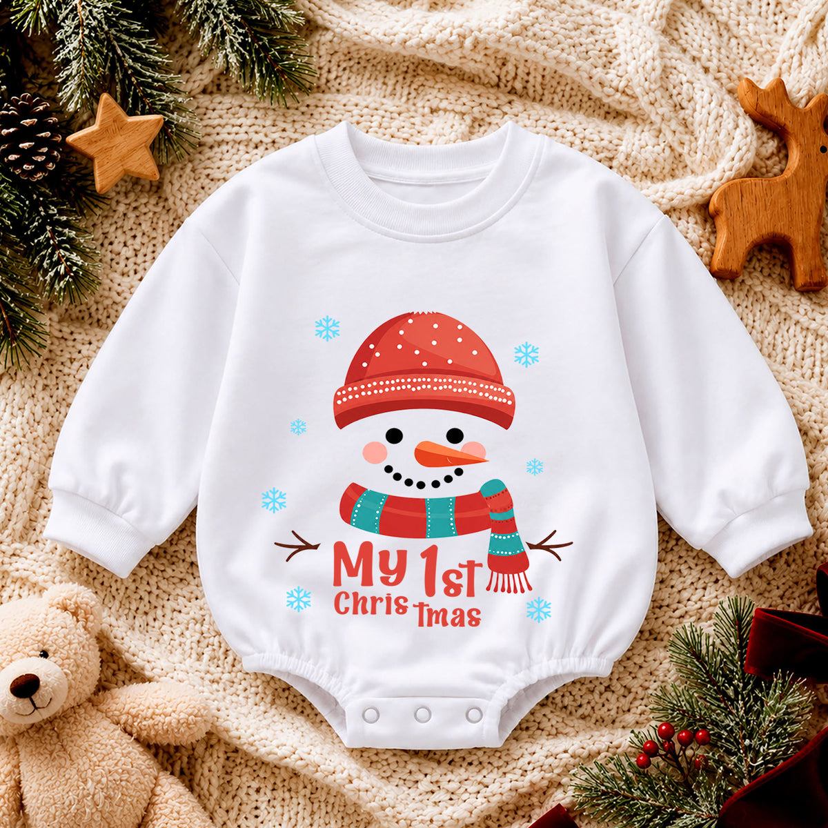My 1st Christmas Snowman Baby Romper, Cute First Christmas Outfit, Snowman Holiday Romper, Baby Xmas Keepsake Gift — product view 4