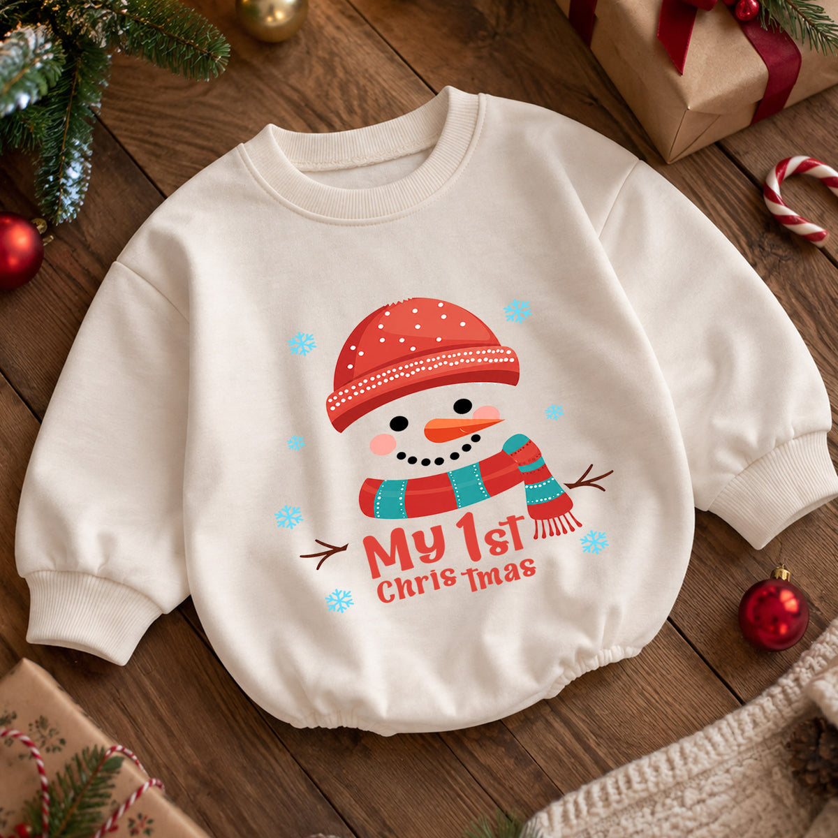 My 1st Christmas Snowman Baby Romper, Cute First Christmas Outfit, Snowman Holiday Romper, Baby Xmas Keepsake Gift — product view 5