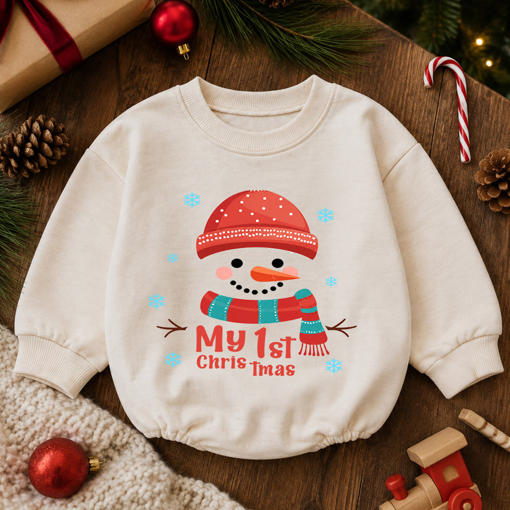 My 1st Christmas Snowman Baby Romper, Cute First Christmas Outfit, Snowman Holiday Romper, Baby Xmas Keepsake Gift — product view 6