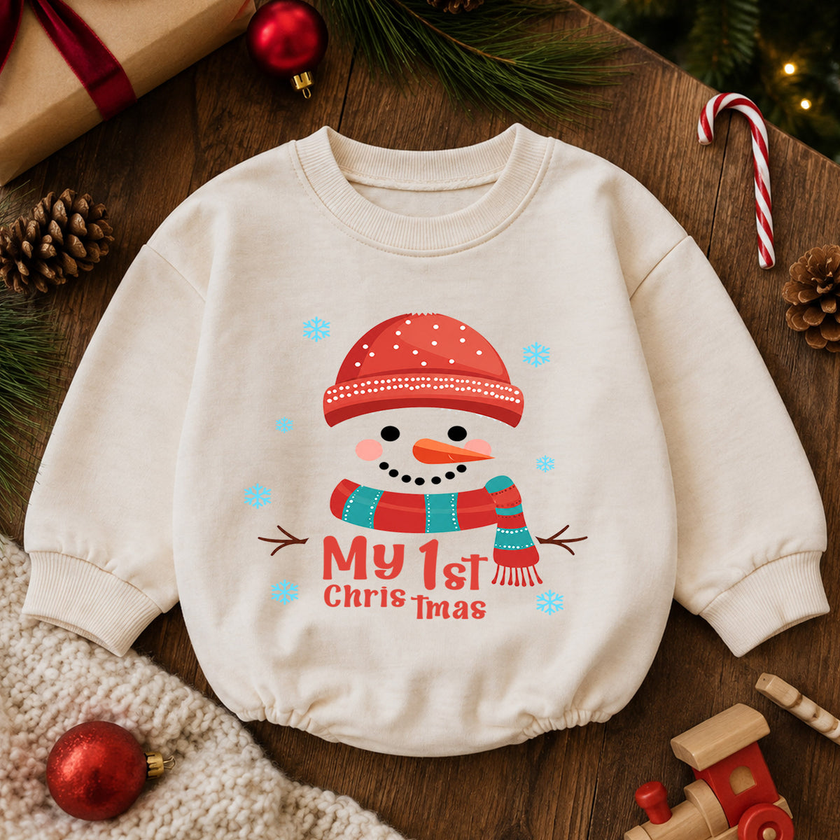 My 1st Christmas Snowman Baby Romper, Cute First Christmas Outfit, Snowman Holiday Romper, Baby Xmas Keepsake Gift — product view 6