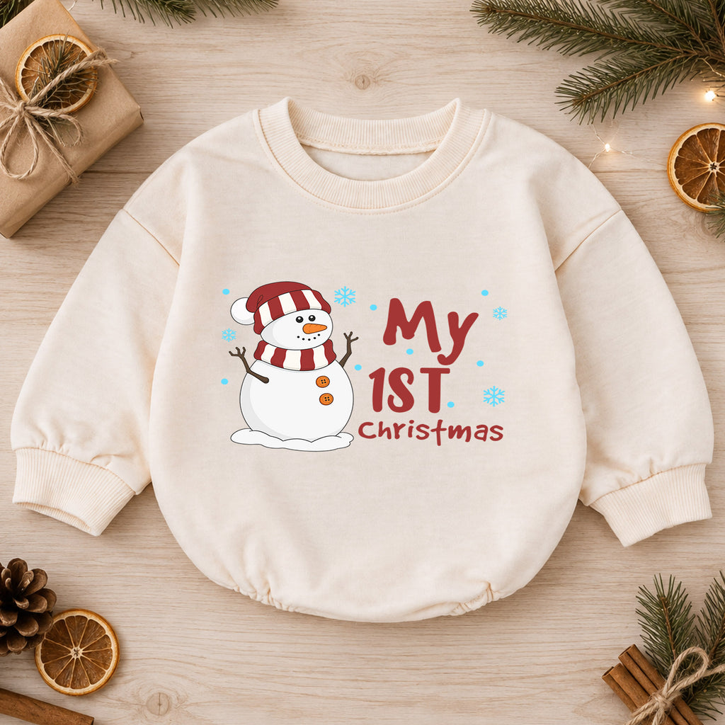 Snowman My 1st Christmas Romper, Cute Winter Baby Outfit, Baby 1st Christmas Keepsake, 1st Birthday Holiday Photo Gift — product view 1