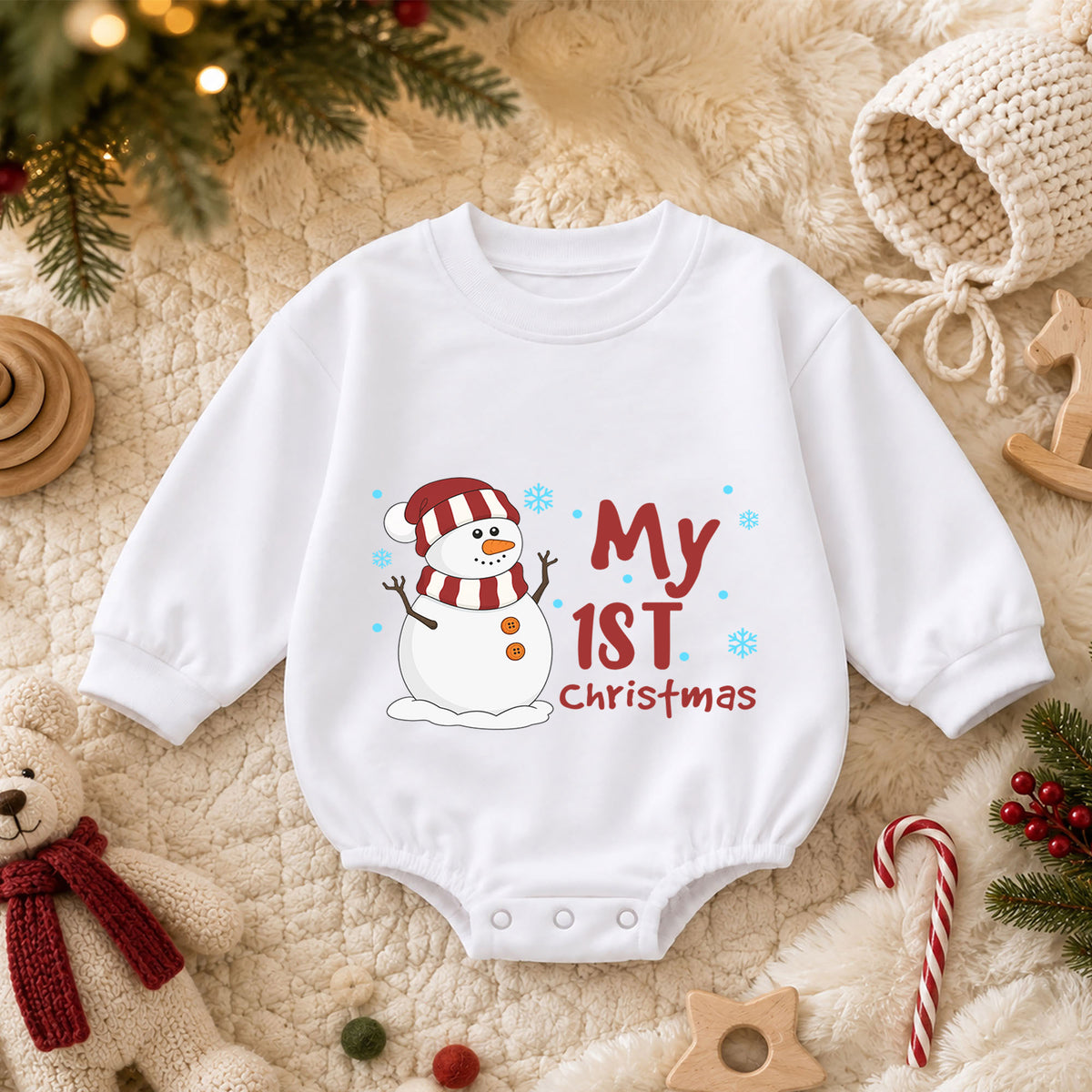 Snowman My 1st Christmas Romper, Cute Winter Baby Outfit, Baby 1st Christmas Keepsake, 1st Birthday Holiday Photo Gift — product view 3