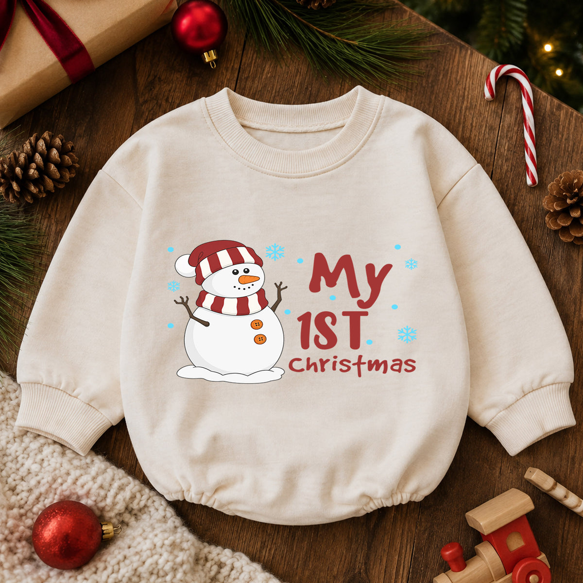 Snowman My 1st Christmas Romper, Cute Winter Baby Outfit, Baby 1st Christmas Keepsake, 1st Birthday Holiday Photo Gift — product view 6