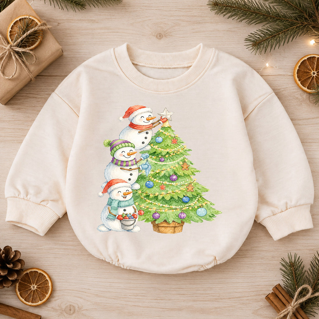 Snowman Christmas Tree Baby Romper, Watercolor Snowmen Holiday Romper, Toddler Christmas Outfit, Winter Baby Gift — product view 1