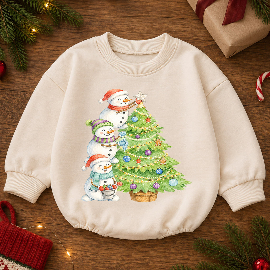 Snowman Christmas Tree Baby Romper, Watercolor Snowmen Holiday Romper, Toddler Christmas Outfit, Winter Baby Gift — product view 2