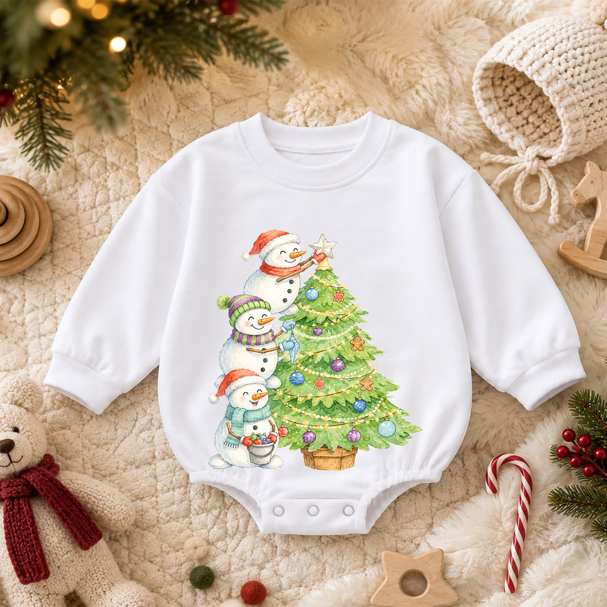 Snowman Christmas Tree Baby Romper, Watercolor Snowmen Holiday Romper, Toddler Christmas Outfit, Winter Baby Gift — product view 3