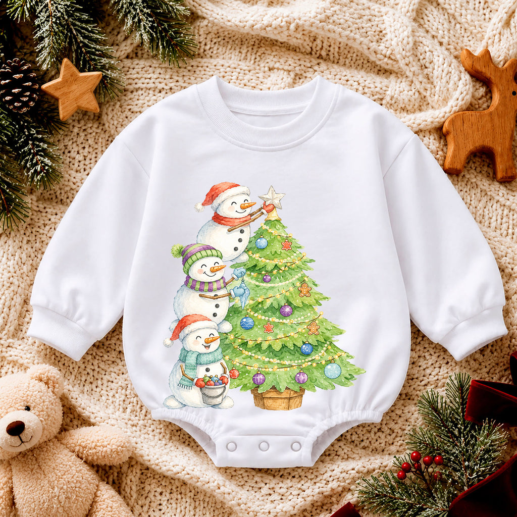 Snowman Christmas Tree Baby Romper, Watercolor Snowmen Holiday Romper, Toddler Christmas Outfit, Winter Baby Gift — product view 4