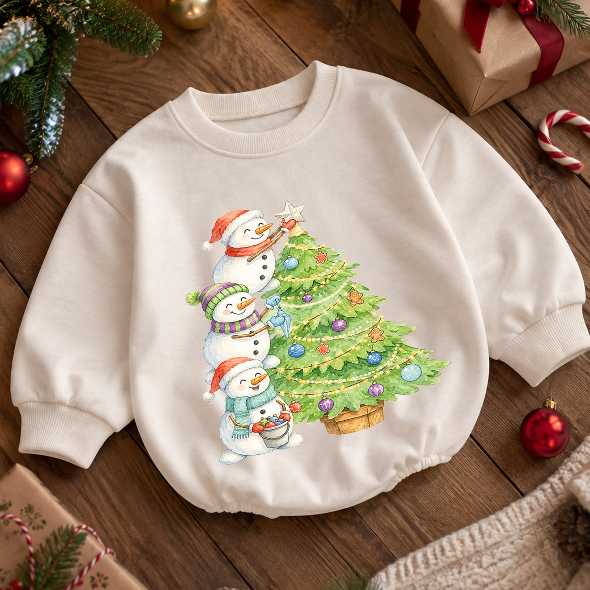 Snowman Christmas Tree Baby Romper, Watercolor Snowmen Holiday Romper, Toddler Christmas Outfit, Winter Baby Gift — product view 5