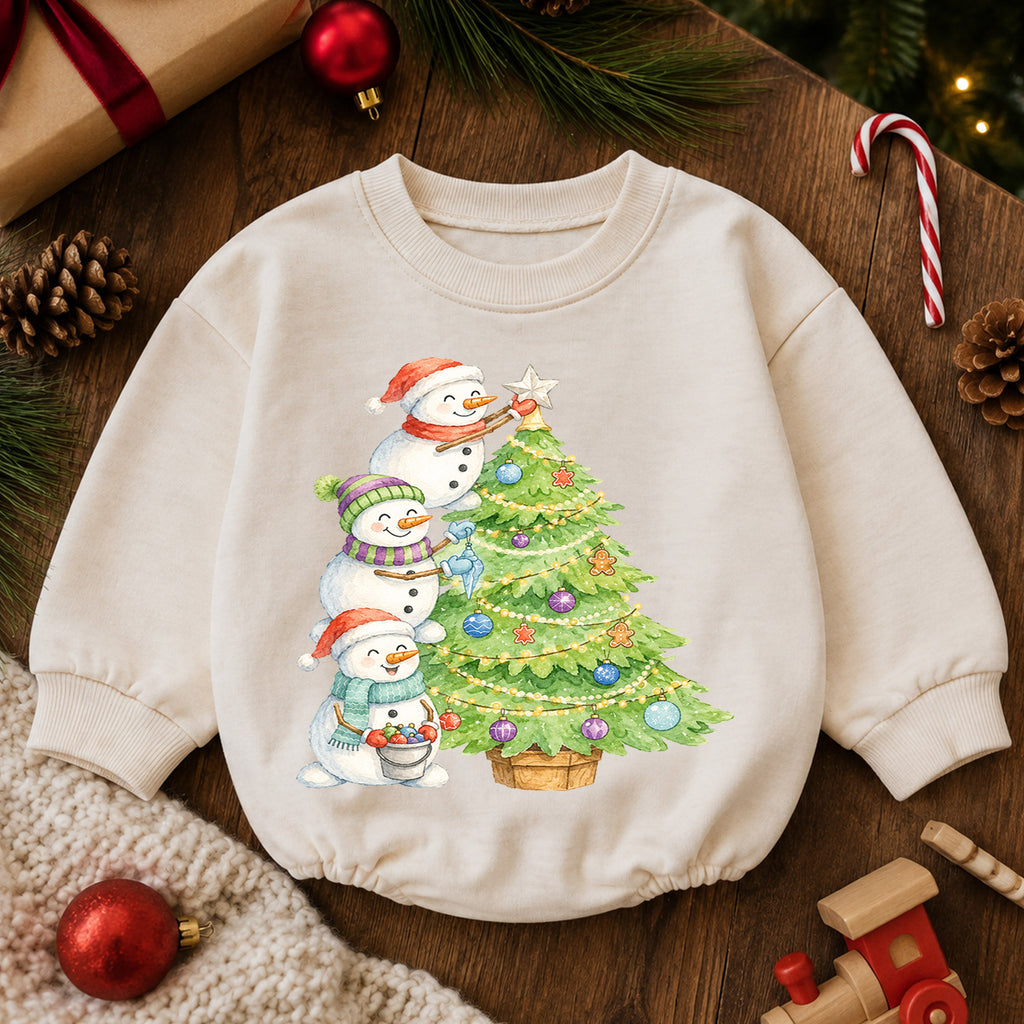 Snowman Christmas Tree Baby Romper, Watercolor Snowmen Holiday Romper, Toddler Christmas Outfit, Winter Baby Gift — product view 6