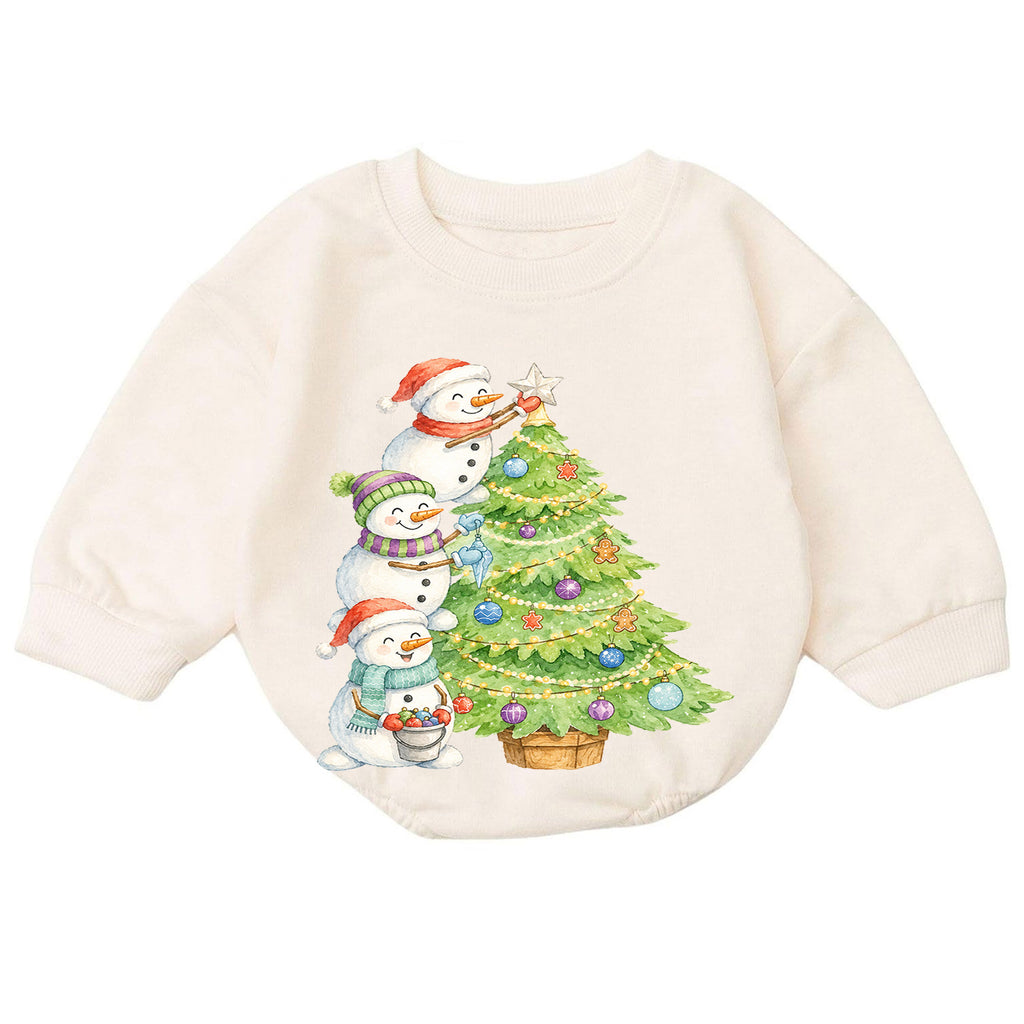 Snowman Christmas Tree Baby Romper, Watercolor Snowmen Holiday Romper, Toddler Christmas Outfit, Winter Baby Gift — product view 7
