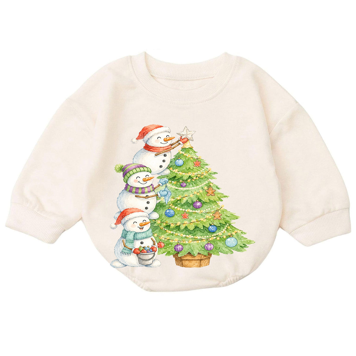 Snowman Christmas Tree Baby Romper, Watercolor Snowmen Holiday Romper, Toddler Christmas Outfit, Winter Baby Gift — product view 7