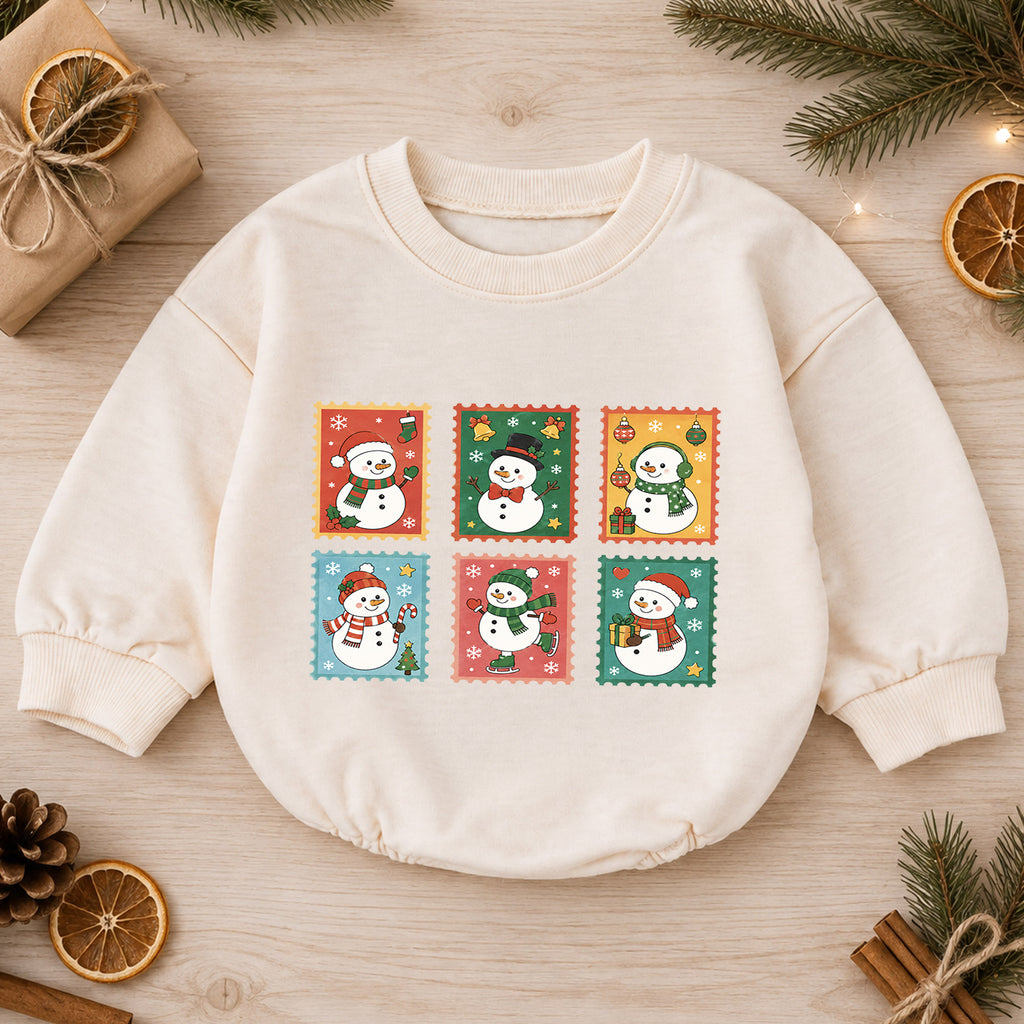 Vintage Snowman Stamp Baby Romper, Retro Christmas Snowman Romper, Toddler Holiday Outfit, Cute Winter Baby Gift — product view 1