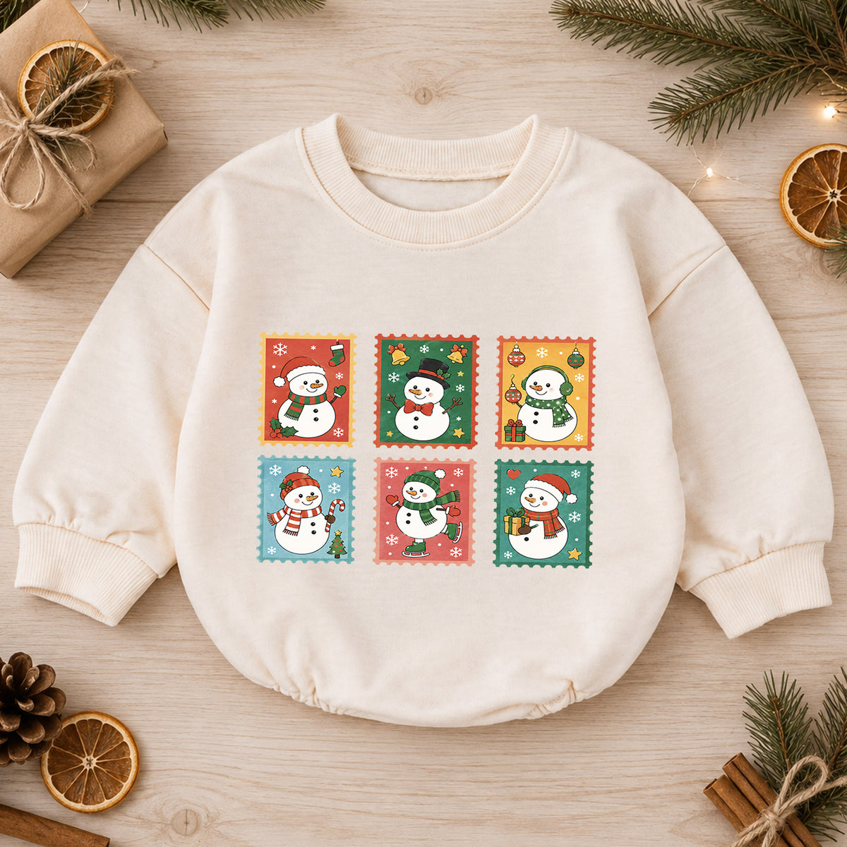 Vintage Snowman Stamp Baby Romper, Retro Christmas Snowman Romper, Toddler Holiday Outfit, Cute Winter Baby Gift — product view 1
