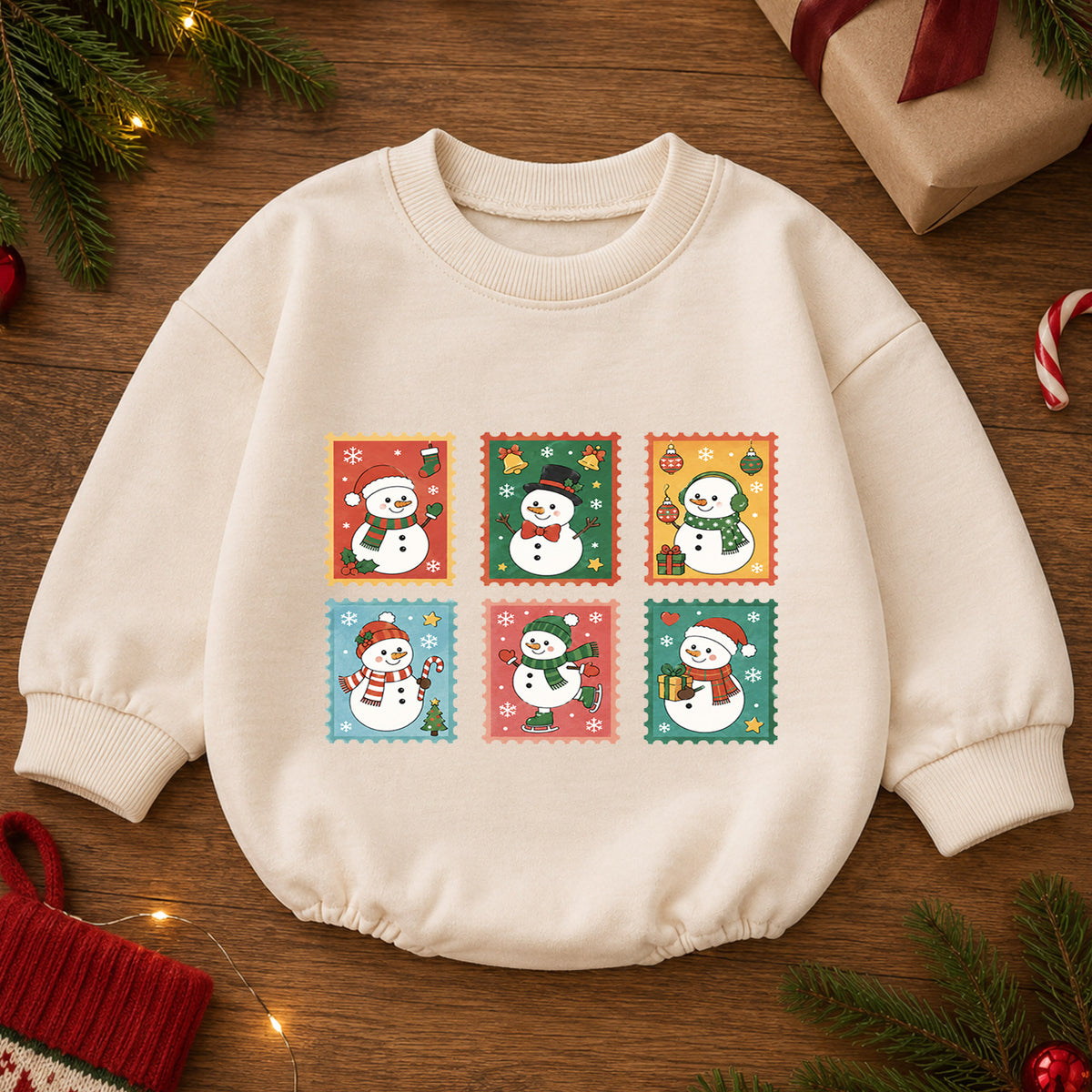 Vintage Snowman Stamp Baby Romper, Retro Christmas Snowman Romper, Toddler Holiday Outfit, Cute Winter Baby Gift — product view 2