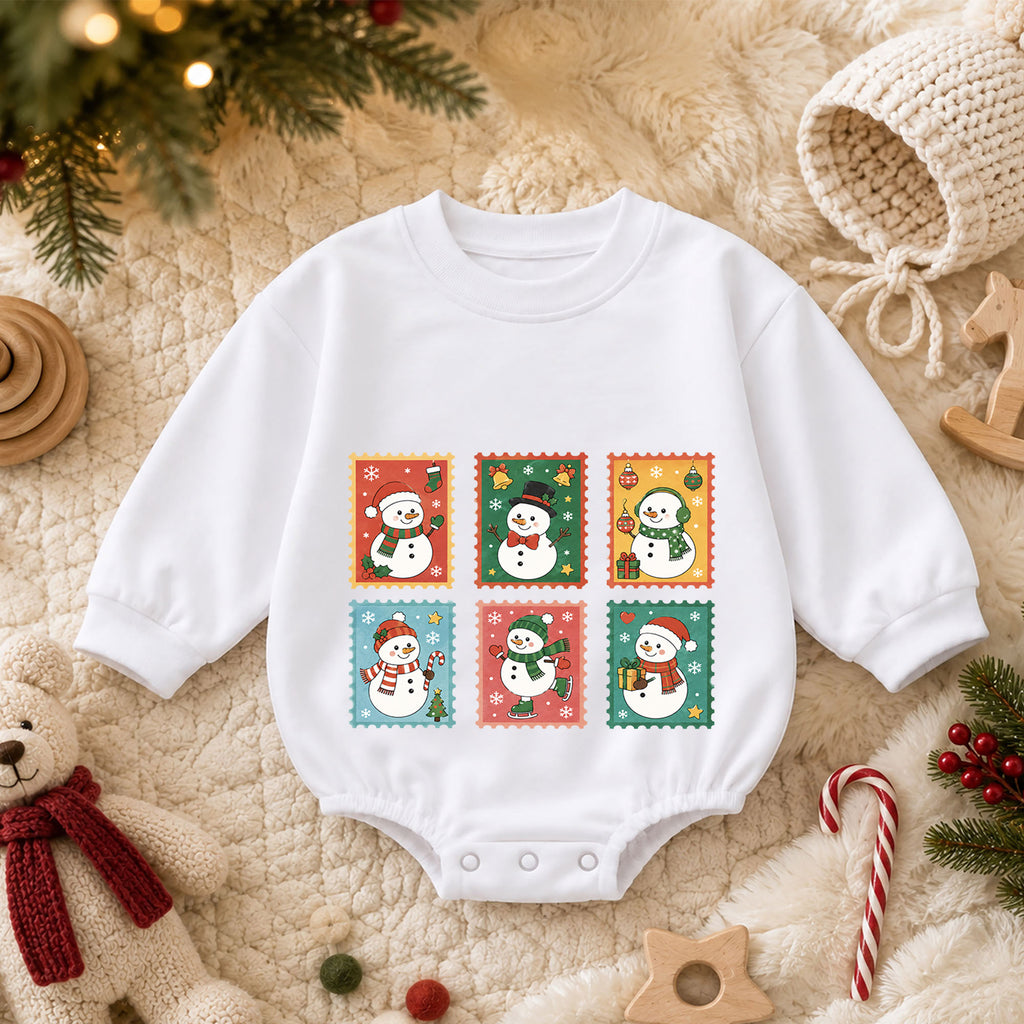 Vintage Snowman Stamp Baby Romper, Retro Christmas Snowman Romper, Toddler Holiday Outfit, Cute Winter Baby Gift — product view 3