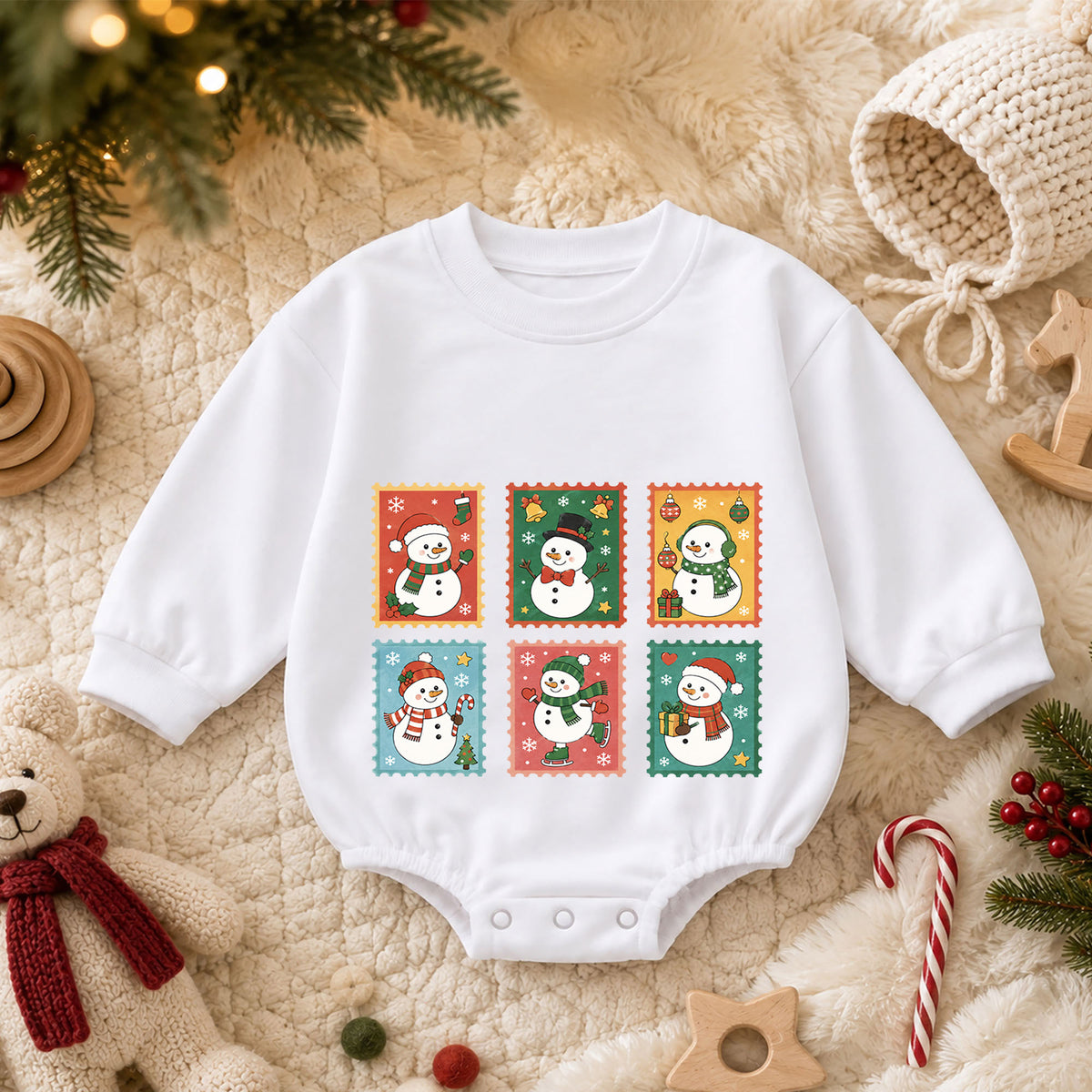 Vintage Snowman Stamp Baby Romper, Retro Christmas Snowman Romper, Toddler Holiday Outfit, Cute Winter Baby Gift — product view 3