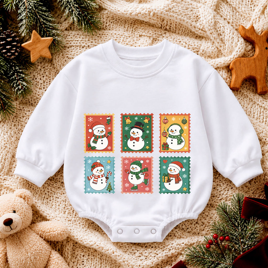 Vintage Snowman Stamp Baby Romper, Retro Christmas Snowman Romper, Toddler Holiday Outfit, Cute Winter Baby Gift — product view 4