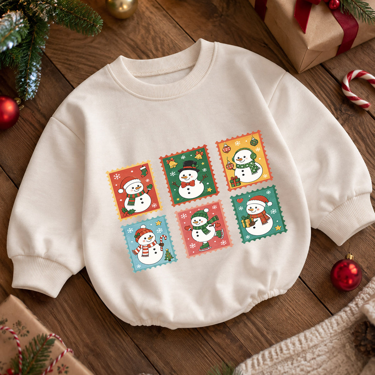 Vintage Snowman Stamp Baby Romper, Retro Christmas Snowman Romper, Toddler Holiday Outfit, Cute Winter Baby Gift — product view 5