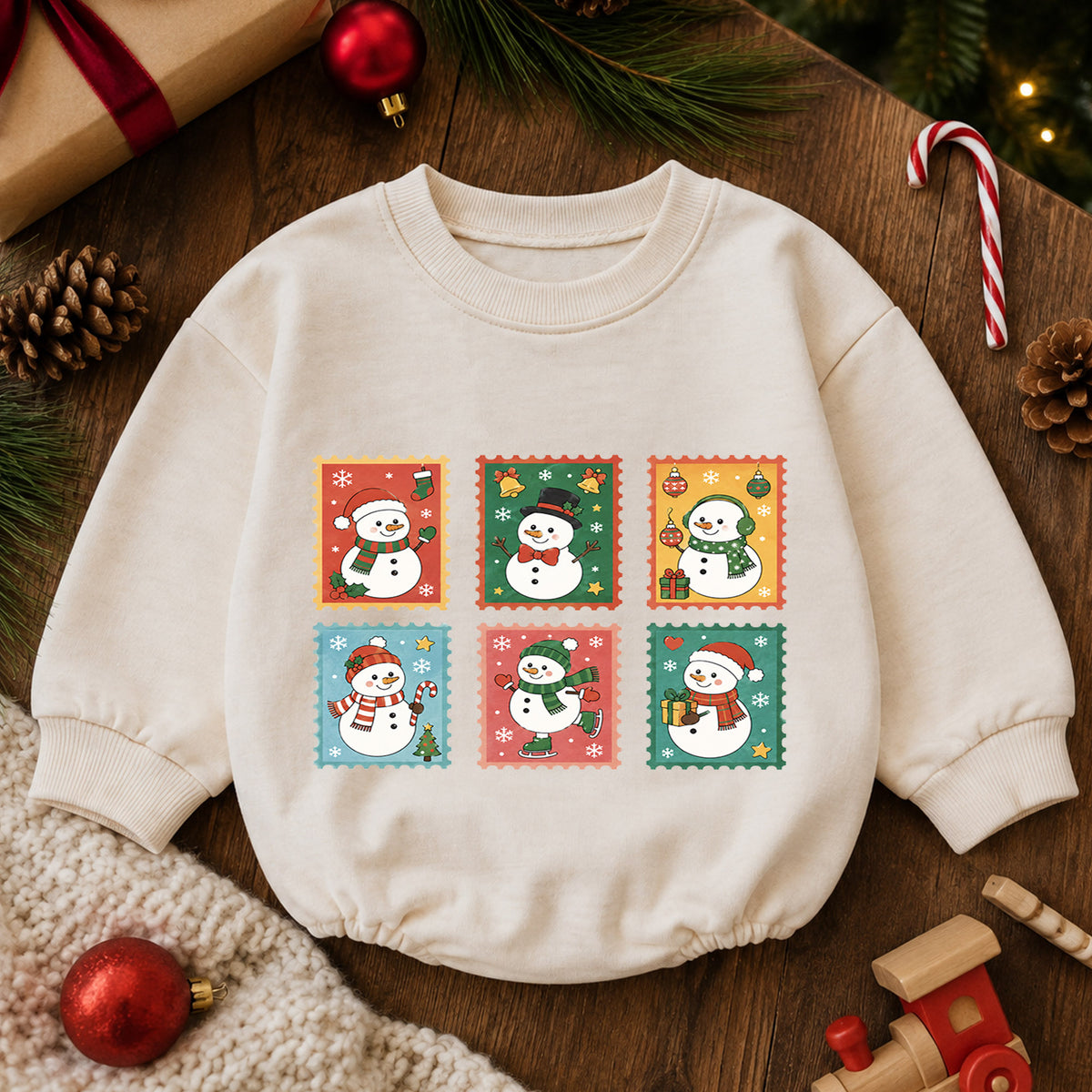 Vintage Snowman Stamp Baby Romper, Retro Christmas Snowman Romper, Toddler Holiday Outfit, Cute Winter Baby Gift — product view 6