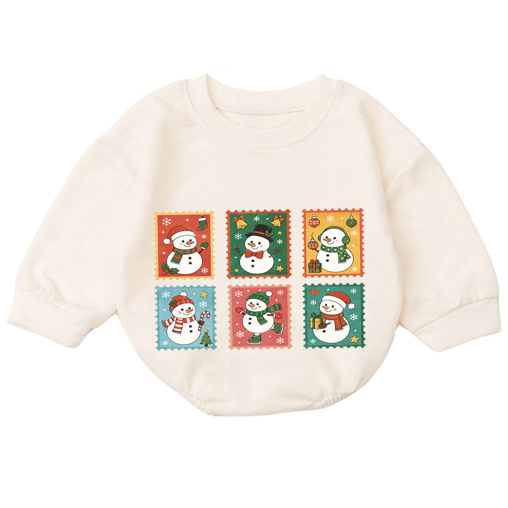 Vintage Snowman Stamp Baby Romper, Retro Christmas Snowman Romper, Toddler Holiday Outfit, Cute Winter Baby Gift — product view 7