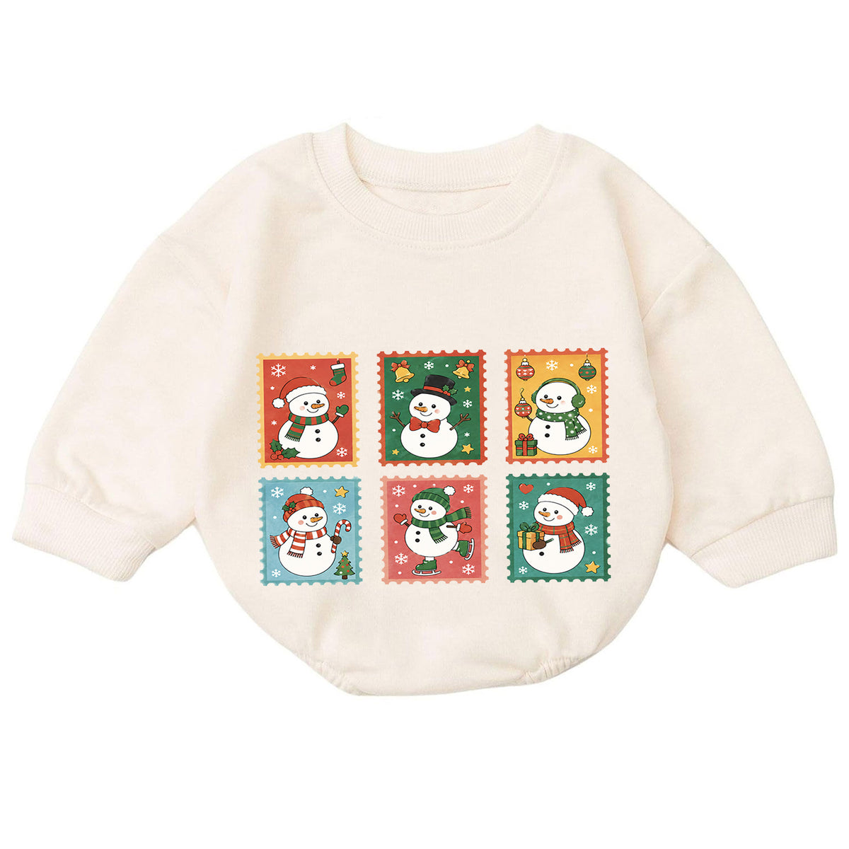 Vintage Snowman Stamp Baby Romper, Retro Christmas Snowman Romper, Toddler Holiday Outfit, Cute Winter Baby Gift — product view 7