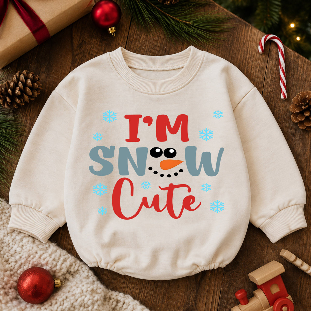I'm Snow Cute Baby Romper, Baby First Christmas Outfit, Cute Snowman Christmas Baby Outfit, Toddler Holiday Romper, Winter Baby Gift — product view 6