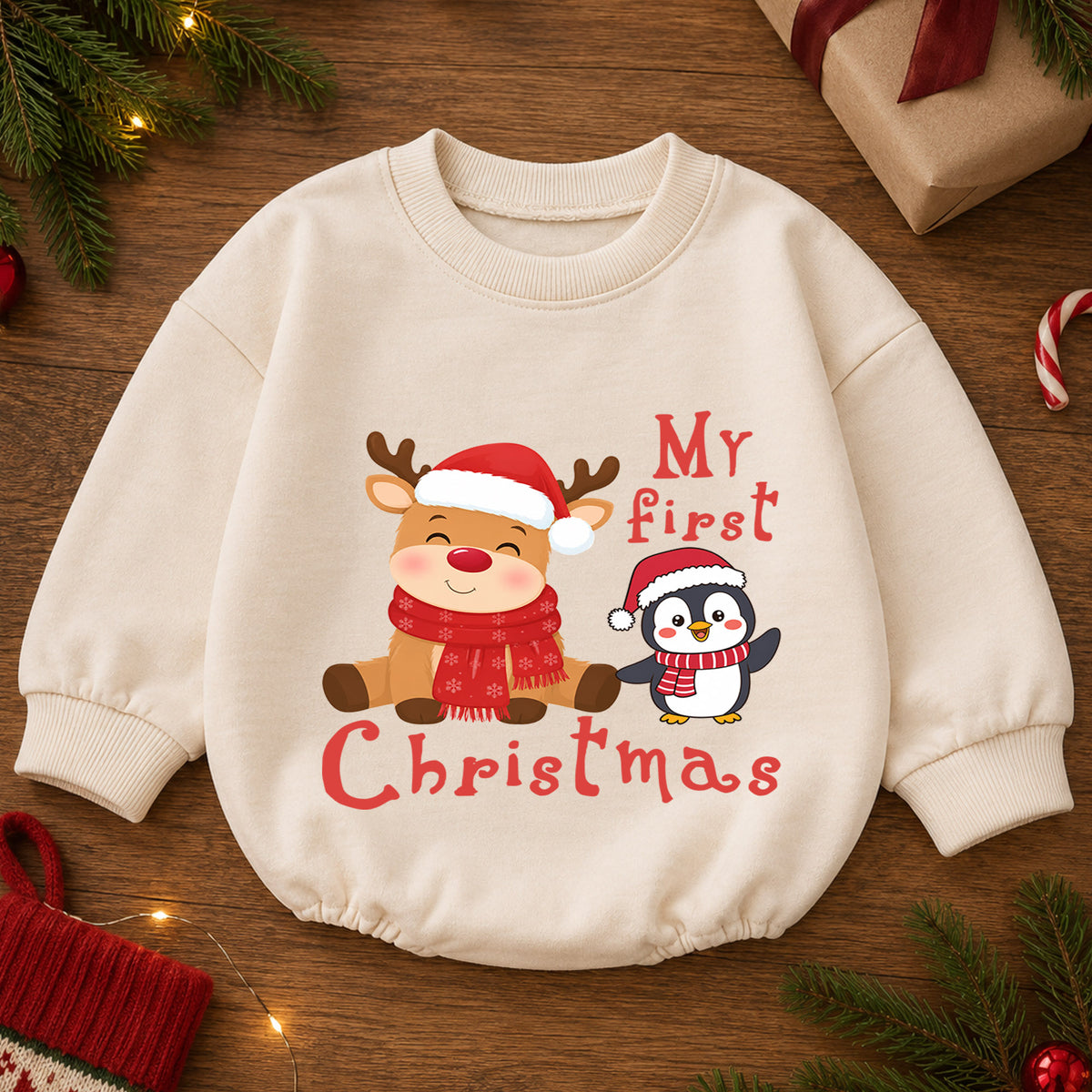 My First Christmas Reindeer Penguin Baby Romper, Cute Baby Holiday Romper, First Christmas Outfit, Xmas Keepsake Gift — product view 2