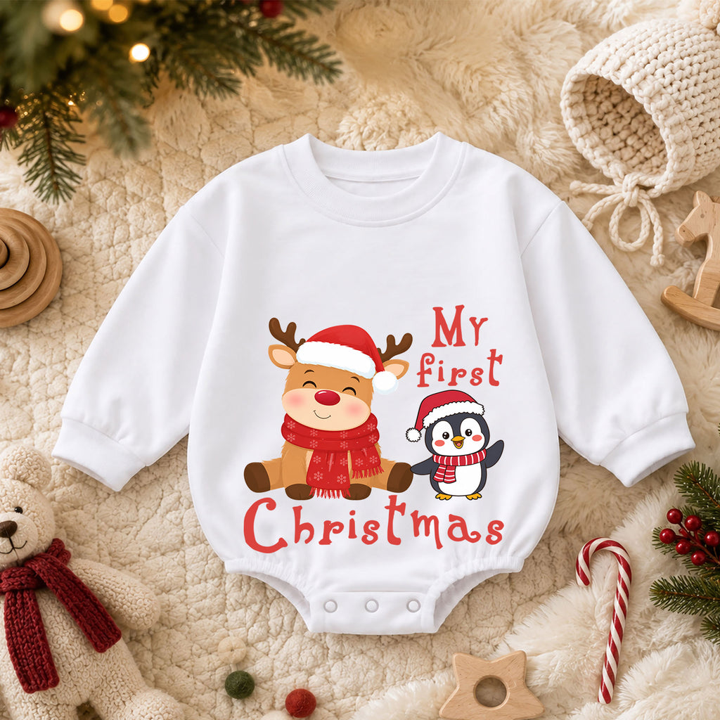 My First Christmas Reindeer Penguin Baby Romper, Cute Baby Holiday Romper, First Christmas Outfit, Xmas Keepsake Gift — product view 3