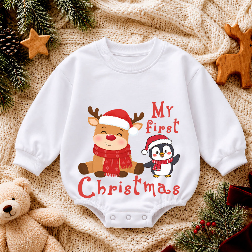 My First Christmas Reindeer Penguin Baby Romper, Cute Baby Holiday Romper, First Christmas Outfit, Xmas Keepsake Gift — product view 4