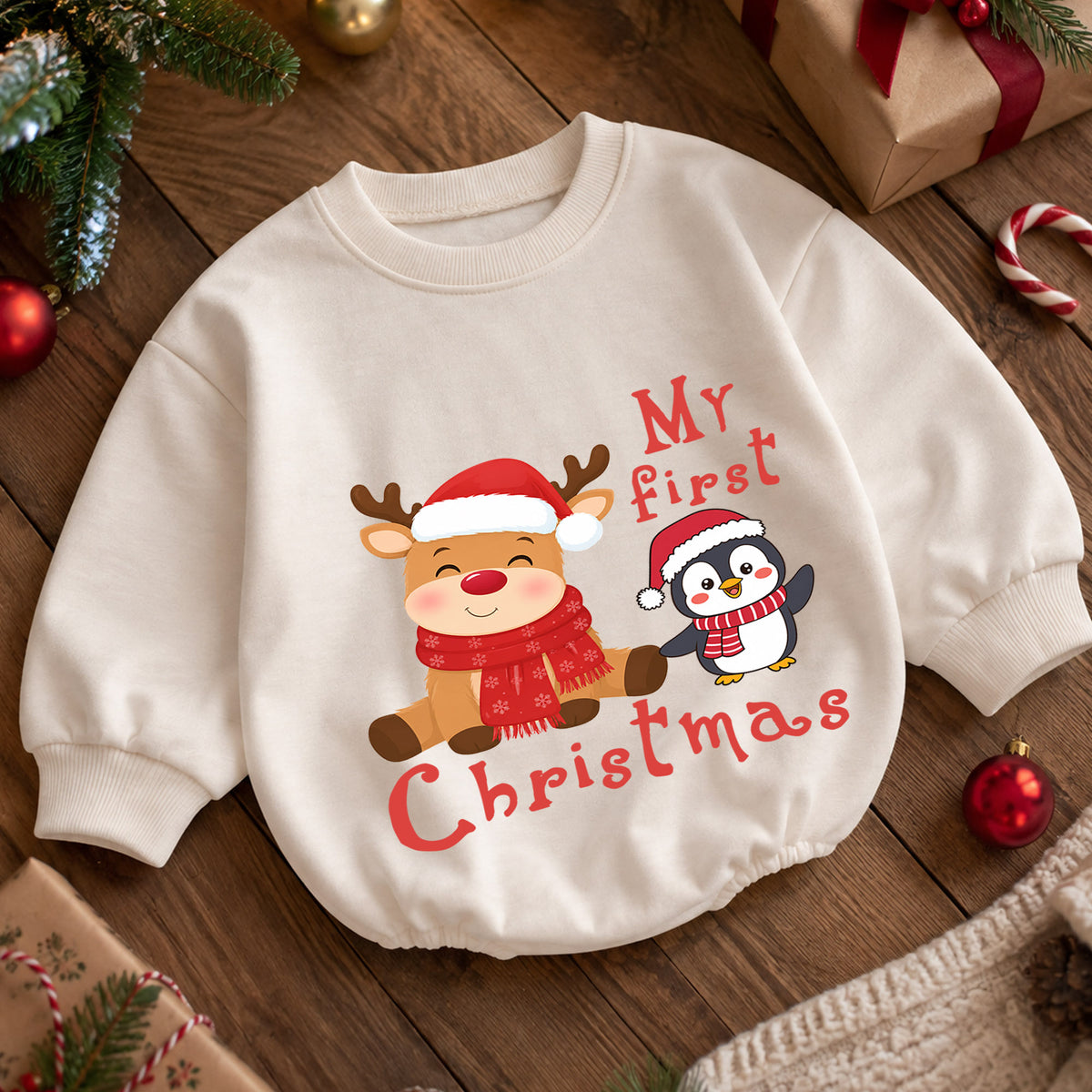 My First Christmas Reindeer Penguin Baby Romper, Cute Baby Holiday Romper, First Christmas Outfit, Xmas Keepsake Gift — product view 5